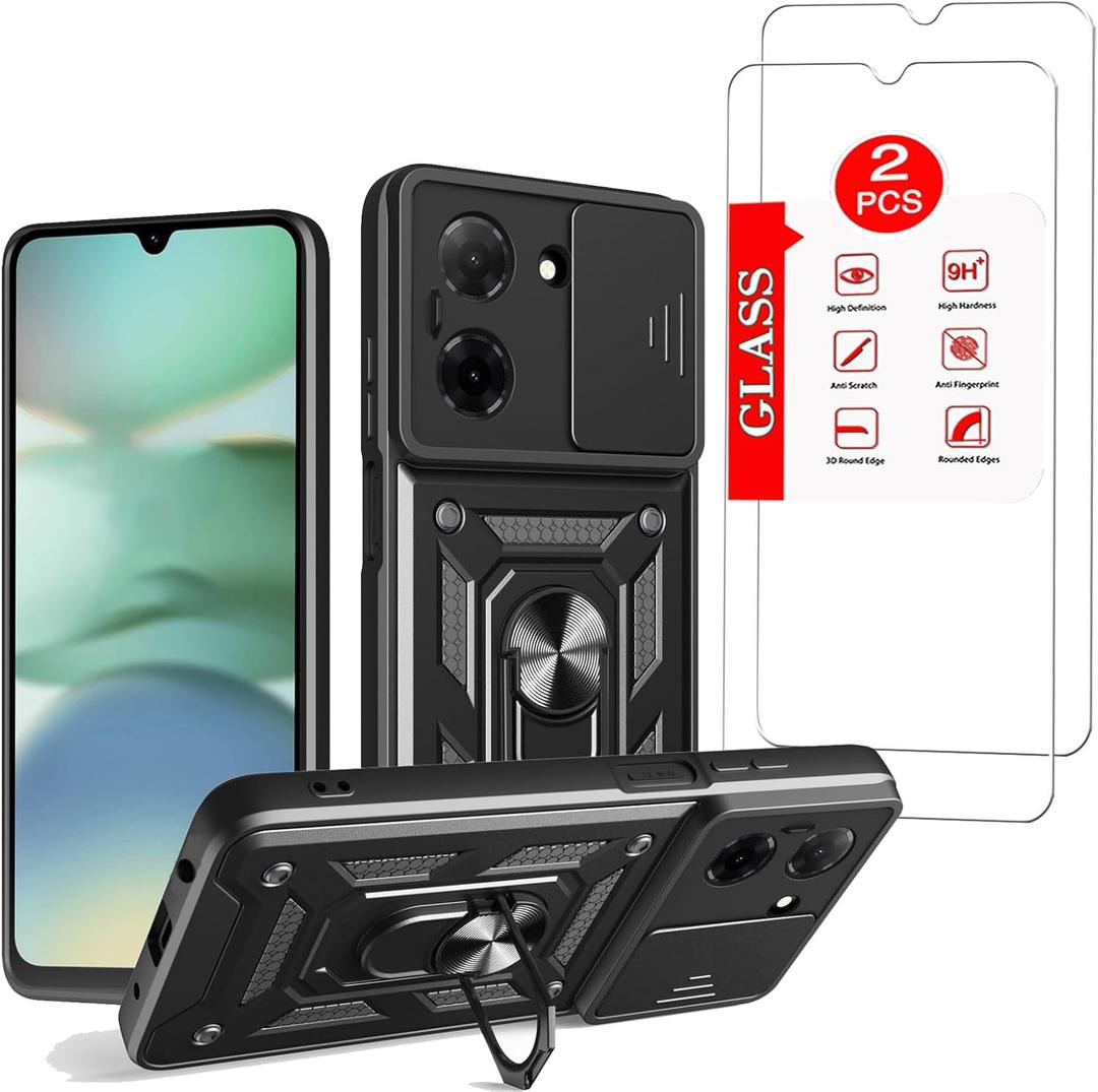 for Xiaomi Redmi A5 4G Case with [2 Pack] Tempered Glass Screen Protector, for Xiaomi Redmi A5 Case [Military-Grade] Protectivewith Lens Protects Magnetic Kickstand Mount Holder Black
