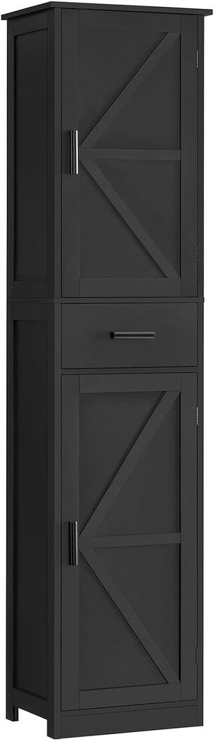TEENFON Tall Bathroom Cabinet, Storage Cabinet with 6 Shelves & Drawer, Bathroom Storage Cabinet with Adjustable Shelves, Tall Cabinet for Living Room, Home Office, Black, 11.8"D x 15.8"W x 67.1