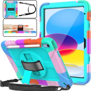 iPad 10th Generation Case 10.9 Inch 2022, Durable Lightweight Shockproof Protective Cover with [Pencil Holder][360 Rotating Stand][Shoulder Strap] for iPad 10th Gen 2022 - Turquoise