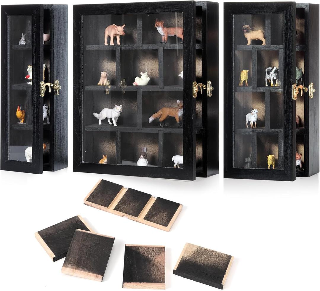 Set of 3 Wooden Trinket Display Shelf Shadow Box with Shelves 10 x 15 Inch Large Wall Mounted Display Storage Mini Figures Curio Trinket Medals Crafts Collections(Black,Box Shape)