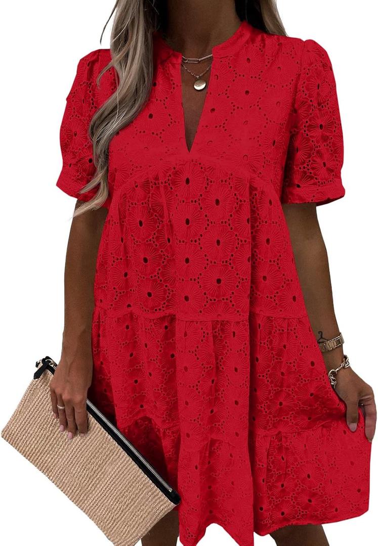 Imily Bela Womens Summer Lace Dresses Eyelet Casual Flowy Babydoll Swing Short Sleeve V Neck Tunic Dress Medium