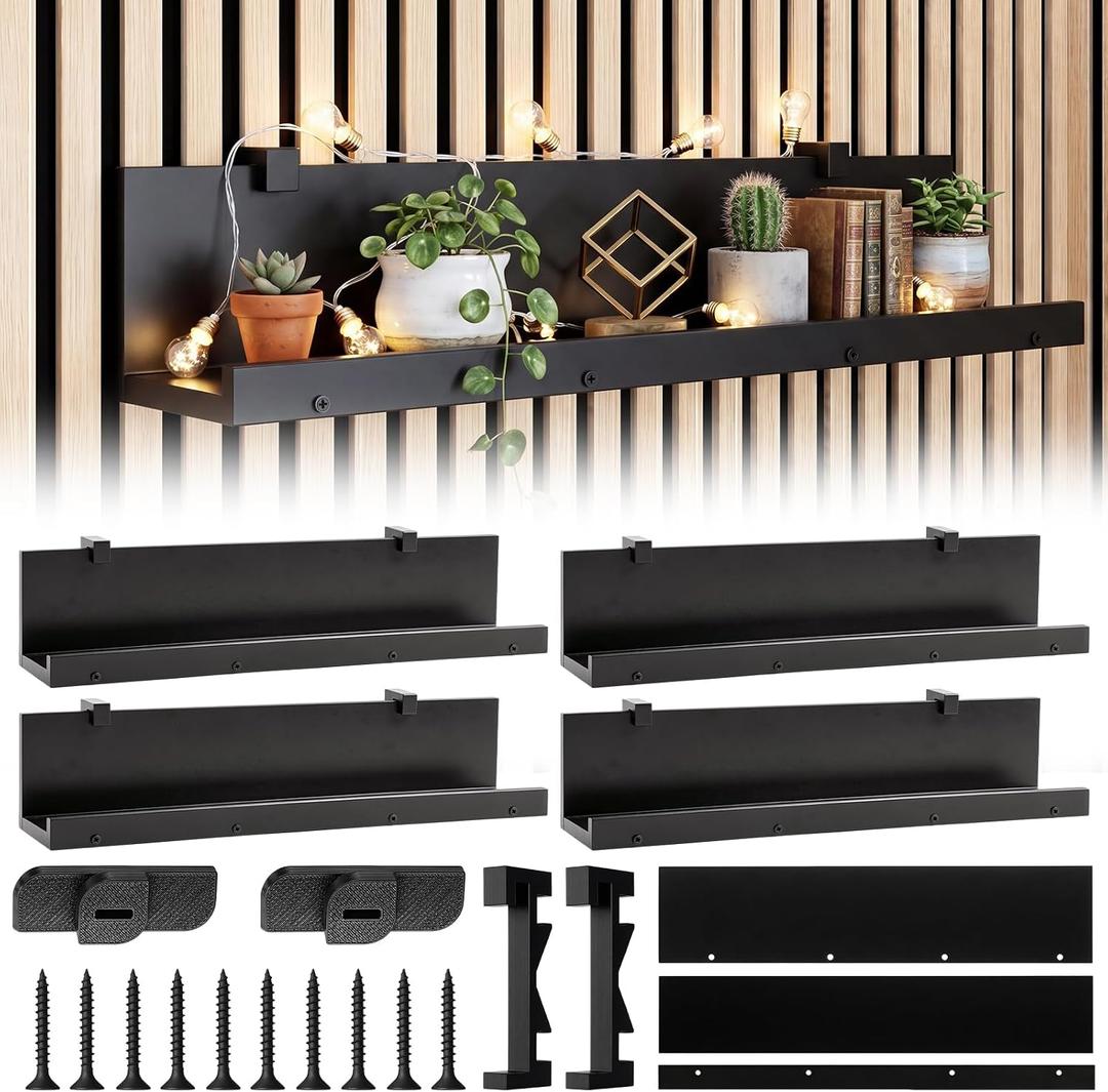 Pinkunn 4 Pack Wall Shelves for Wood Slat Acoustic Panels 3" x 15" Acoustic Panel Shelf Wall Mount Retail Display Shelves Slat Walls Shelf Accessories for Home Office Walls Storage Retail Accessories