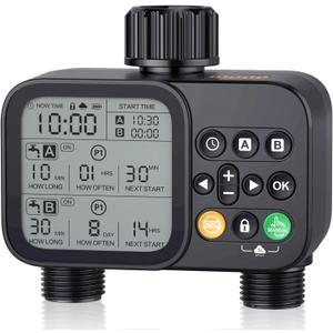 Sprinkler Timer for Outdoor Garden Hose, 2 Outlet 8 Programmable Water Timer with Rain Delay & Manual/Automatic Modes, Weatherproof Irrigation System for Water Garden Kits, Large LCD Display