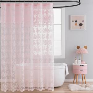Pink Shower Curtain - Shabby Chic Lace Floral Girly Cute Shower Curtain with Attach Valance, Sheer Vintage Coquette Aesthetic Bathroom Curtain, Scalloped Edge Top, 72 x 72 Inch, Light Pink