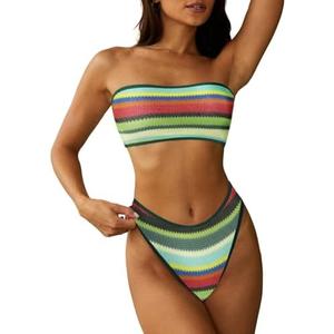 ZAFUL Women Strapless Textured Bandeau Bikini 2 Piece Swimwear Cheeky Solid Lace up Bathing Suits XL