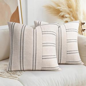AELS 20x20 Decorative Farmhouse Linen Throw Pillow Covers, Boho Textured Pillow Case, Set of 2, Beige with White & Black Stripe Patchwork Cushion Cover for Sofa Couch Living Room (Cover ONLY)