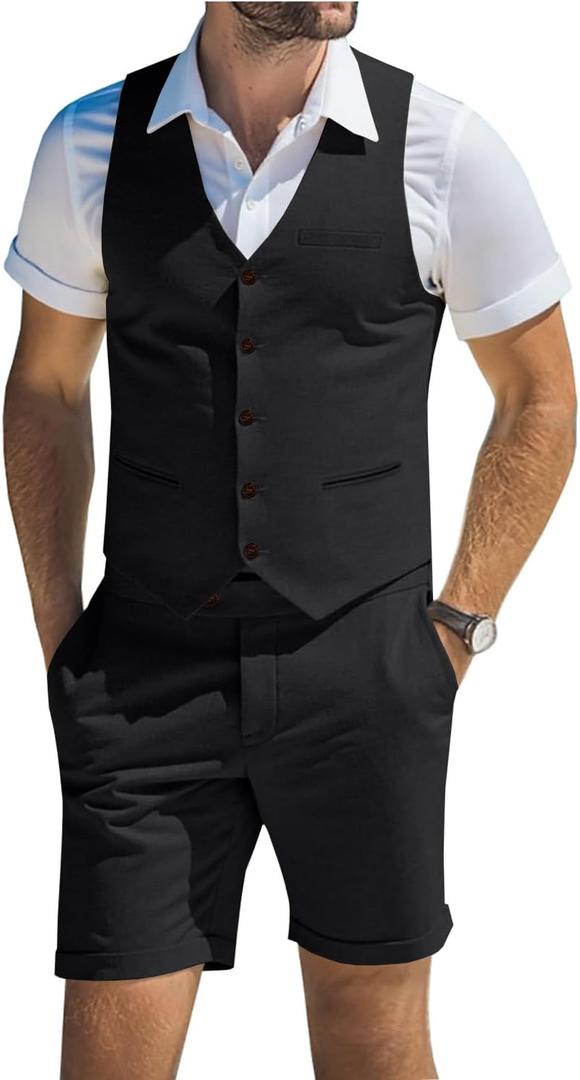 Men's Suit Linen 2 Piece Vests Short Pants Suits for Men Casual Summer Beach Groomsmen Wedding Waistcoat Set Outfit (Black, XXL)