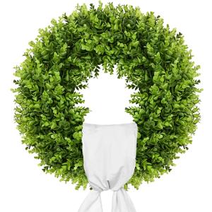 Vlorart 20" Boxwood Wreath for Front Door with Sash & Plaid Bow, Full Lush Artificial Greenery Wreath for Spring Summer Farmhouse Wall, Window & Wedding Decor