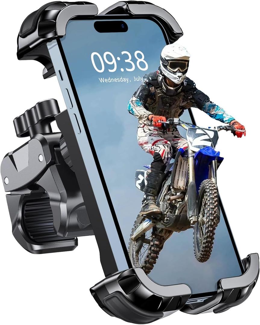 Motorcycle Phone Mount, Upgrade Bike Phone Mount [1s Lock][Secure Protection], 360 Rotatable Phone Holder for Mountain Bike/ATV/Scooter Handlebar Stand, Compatible with iPhone/Samsung 4.7-6.7" (Black)
