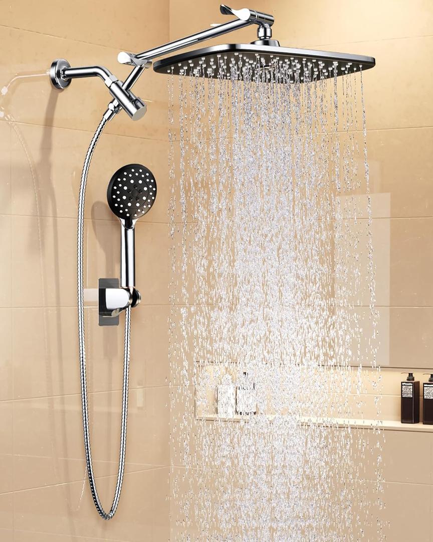 Veken 11.8" Rain Shower Head with Handheld, High Pressure Handheld Shower with Multi Spray Modes, Rainfall Combo with Metal Extension Arm, Detachable Dual Showerhead, Bathroom Decor, Chrome Silver