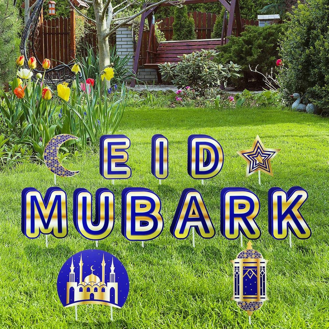 14 Sets Eid Mubarak Yard Sign Ramadan Yard decor Moon Lantern Star Outdoor Lawn Decorations Islamic Celebration Sign with Stake for Eid Mubarak Party Supplies, 12 x 14 In, 14 x 14 In, Single Sided