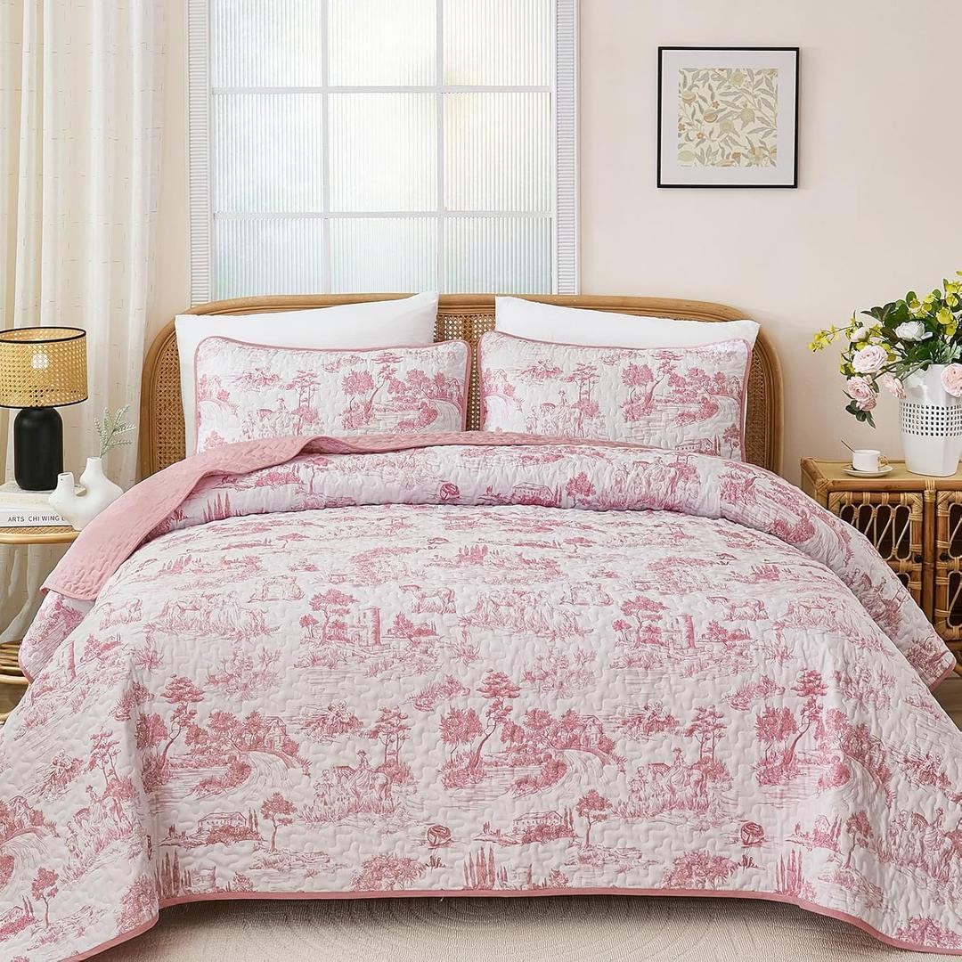 Drucon Toile Village Quilt Set King Size, Pink Botanical Christmas Quilts Bedspread for All Season, Soft Microfiber Bedding Coverlet Set 104"x90" (3 Pieces, King)