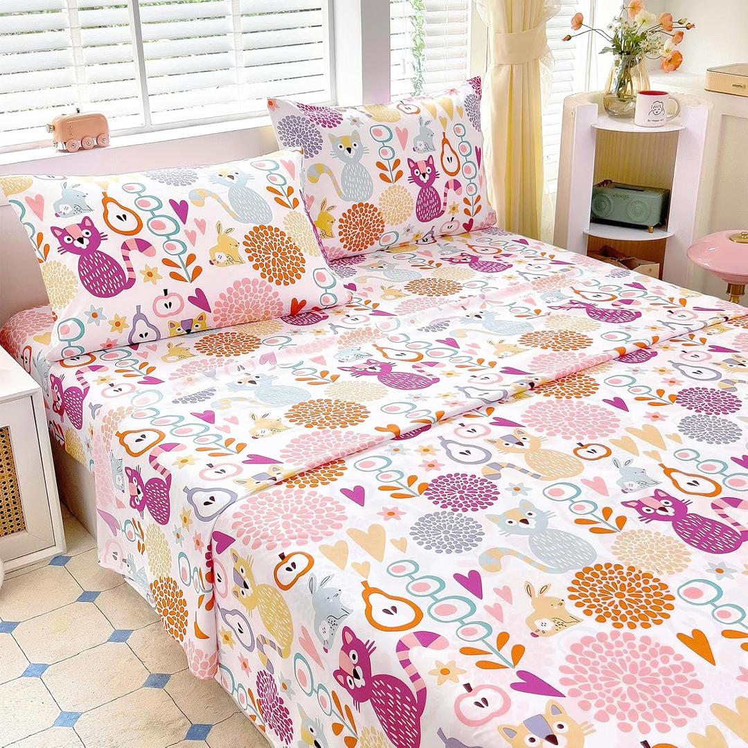 Full Sheet Set Kids - Kitty 4 Pieces Soft Microfiber Cartoon Style Bedsheets for Boys Girls Teens, Oeko TEX Breathable 15 Inch Deep Pocket Sheets(2D World Cat)