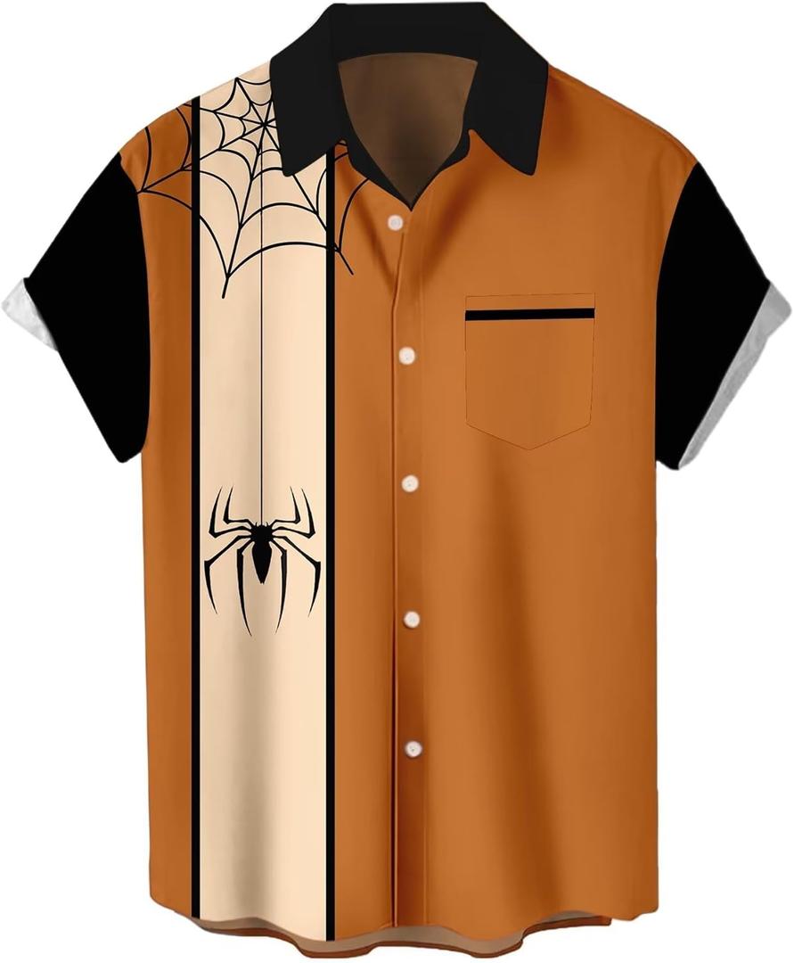 WHO IN SHOP Men's Halloween Shirts Cute Scary Horror Short Sleeve Button Up Shirt (3X-Large)