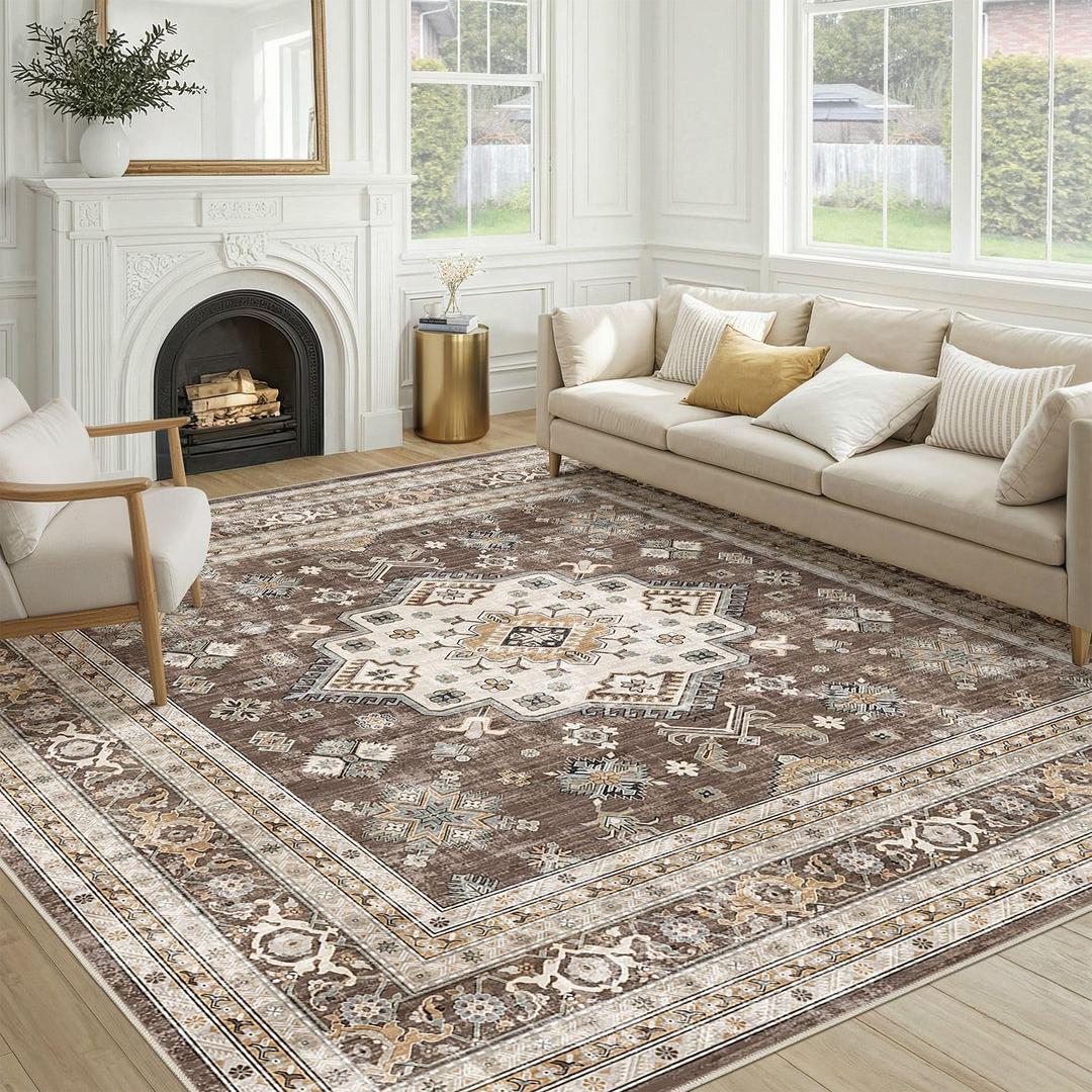 cotiled 9x9 Area Rug for Living Room, Washable, Traditional, Dark Brown