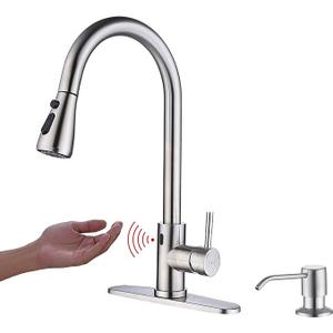 Keer Touchless Kitchen Faucet with Pull Down Sprayer, Motion Sensor Kitchen Faucet with Kitchen Soap Dispenser, Single Kitchen Faucet High Arc Pull Out Faucet for Kitchen Sink RV，Brush Nickel