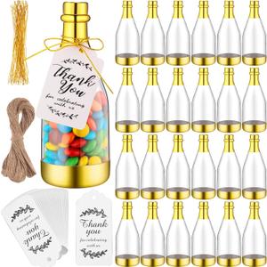 Gerrii 50 Pcs Metallic Mini Champagne Bottle Candy Container Shaped Jars Gold Plastic DIY Favor Candy Bottle Wedding Party Favor Containers with Gift Tags Gold Strings and 65.6ft Rope
