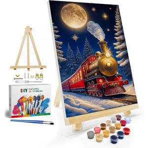 JOOZ Christmas Paint by Numbers Kit for Adults with Frame, Moon Train Paint by Number with Easel, DIY Christmas Framed Paint by Number Kits for Gift Home Wall Decor 8x12 Inch