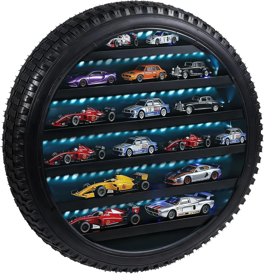 Tire-Shaped Wooden Display Shelf for 1/64 Scale Diecast Cars, LED Lighted Model Car Display with Wall Mount or Desk Placement, Mini Car Storage Organizer for Collectors