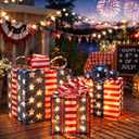 Set of 3 4th of July Lighted Gift Boxes, LED Light Up Present Boxes for Independence Day Decorations Indoor Outdoor Yard Holiday Party Lawn Porch Home Decor