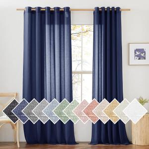 NICETOWN Linen Textured Sheer Curtains 96 inch Long for Living Room, Privacy Chic Sheer Curtains Window Treatment Translucent Drapes for Farmhouse/Cottage, W70 x L96, Dark Blue, 1 Pair