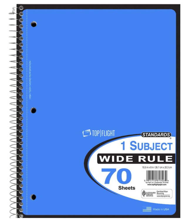 Spiral Notebooks - Wide Ruled, 70 Sheets
And Binder