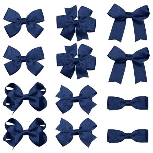Navy Blue Hair Bow Alligator Clips for Toddler Teen Girls 3" 12 Pack Aesthetic Handmade Grosgrain Ribbon Ponytail Hair Barrettes Kids Birthday Wedding Dress School Uniform Decor Accessory