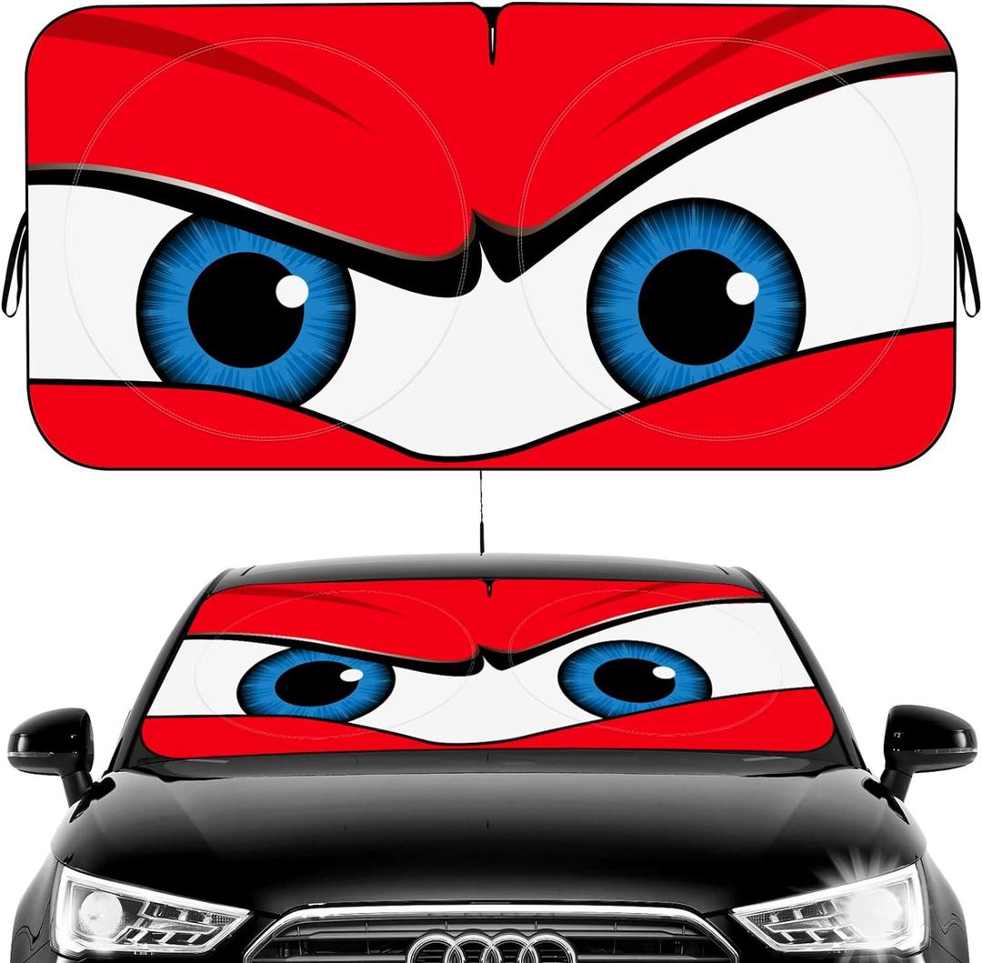 Car Windshield Sun Shade, Funny Eyes Visor for Car Windshield, Wear-Resistant Black Tape, Foldable 59x27.5/63''x31.5'' (Standard, angry eyes-red)
