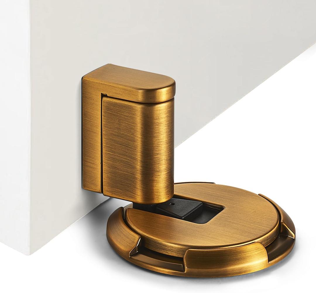 Windproof Door Stopper, Indoor Heavy Duty Floor Door Stoppers for Bottom of Door, Mechanical No Drilling Door Stopper with Screws and Adhesive, 1 Pack, Matte Brown Bronze