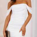 PRETTYGARDEN Cocktail Dresses 2025 Summer Off Shoulder Sexy Bodycon Ruched Mesh Graduation Wedding Guest Mini Short Dress (White, M)