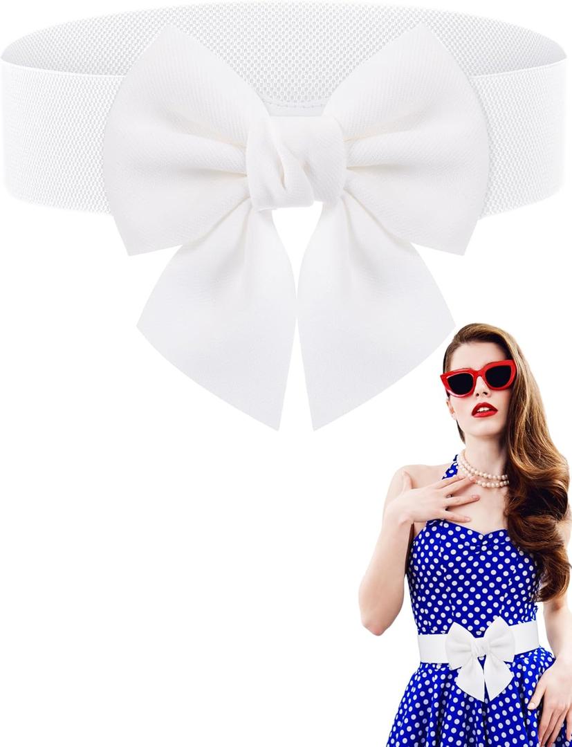 Geyoga Women Bow Belt Elastic Waist Belt Bowknot Stretchy Corset Dress Sash 2.4'' Wide (Small, White)