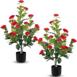Hananona 2 Pcs Artificial Camellia Trees Faux Camellia Plant in Pot with Flowers Indoor Plants for Spring Home Decor Outdoor Porch Front Door Decor (Red, M)