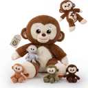 Monkey Stuffed Animals, Mommy Monkey Plush with Baby, 5 Pcs Plush Toy for Girl Boy, Birthday Valentine's Gifts for Kids, Toddler, Age 3-8, Brown