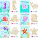 24 Sets Valentines Cards with Art Supplies-Ocean Sea Animal Wood Painting Craft Kits,DIY Unfinished Wooden Octopus,Whale,Dolphin,Seahorse,Starfish,Fish for Valentines Day Gift Exchange Art Project