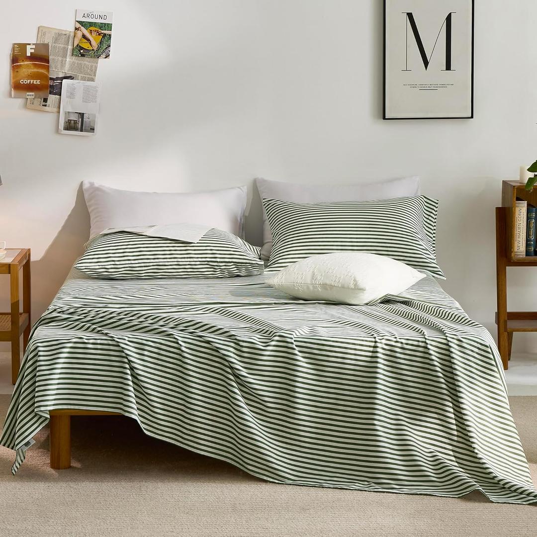 JELLYMONI 100% Cotton Striped Sheets Set, Green and White Stripes, Queen Size with Deep Pocket Fitted Sheet, Flat Sheet & Pillowcases