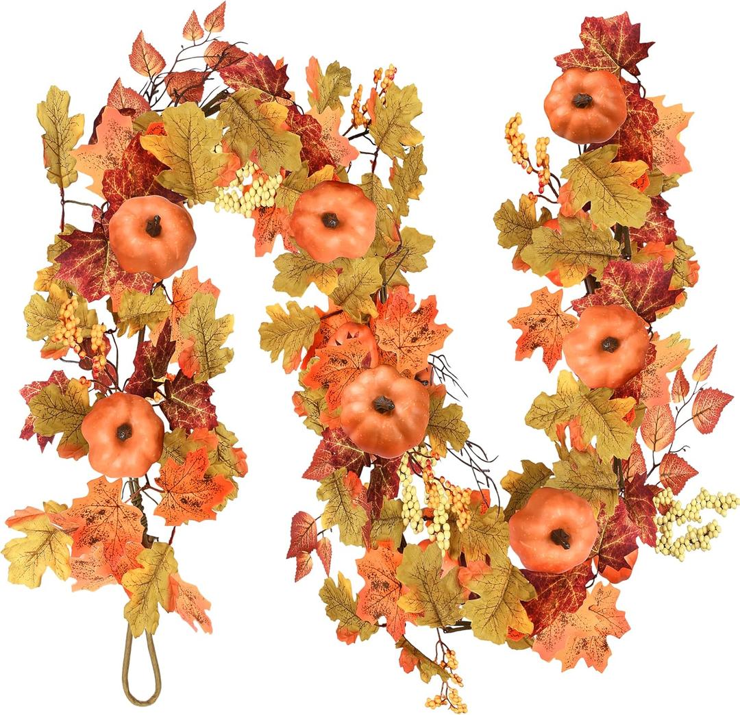 Palonu 6Ft Thanksgiving Artificial Fall Maple Leaves Garland, Hanging Fake Autumn Pumpkin with Berries Vine Decoration for Thanksgiving Halloween Fireplace Doorway Indoor Outdoor Party Home Decor (Orange)