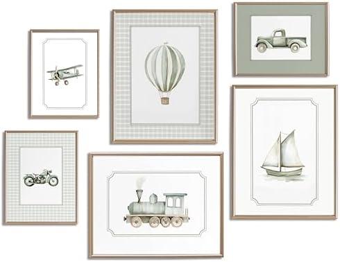 Set of 6 Sage Green Nursery Wall Art Boys Room Canvas Poster Kids Wall Decor Vintage Vehicle Prints Baby Toddler Pictures Transportation Plane Train Painting Artwork for Bedroom 12"x16" Unframed