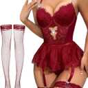 Lilosy Sexy Stocking Rhinestones Heart Garter Underwire Floral Mesh lace Sheer Babydoll Lingerie Teddy Bodysuit Skirt Set (3X-Large, Burgundy Red)