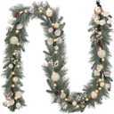 Valery Madelyn 9 Ft Pre-Lit Christmas Garland with Lights for Mantle, Lighted Outdoor Xmas Garland with Silvery White Ball Norfolk Pine for Home Stairs Fireplace Table Centerpiece Indoor Holiday Decor