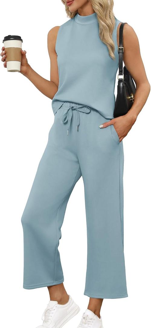 SAMPEEL Two Piece Sets for Women Summer Outfits Lounge Sets Mock Neck Tops Wide Leg Crop Pants Vacation Travel Outfits (Blue, S)
