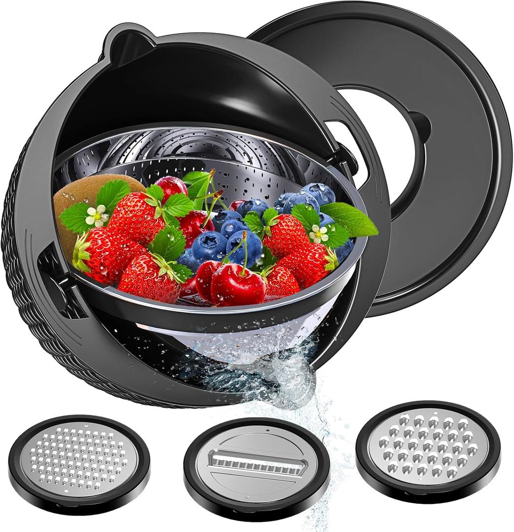 4-1 Colander with Mixing Bowl Set - Colander for Kitchen - Strainers and Colanders - Pasta Strainer - Bowl With Colander - Rice Strainer Fruit Cleaner Veggie Wash Kitchen Essentials, Black