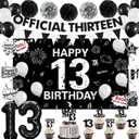 Holkcog Happy 13th Birthday Decoration for Boys Girls, Black Official Teenager Party Supply, Black 13th Number Balloons & Cupcake Topper, Glitter Cool 13 Hanging Swirl, 13 Years Old Birthday Decor