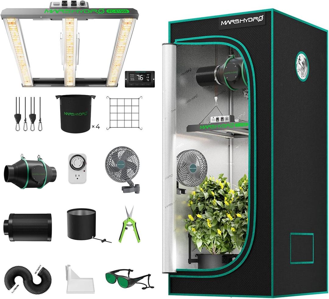 MARS HYDRO 3x3 Smart Grow Tent Kit Complete System with Temperature Humidity Controller,150W FC-E1500 Dimmable Grow Light,32" x 32" x 63" 1680D High Reflective Mylar,4inch Automatic Ventilation Kit