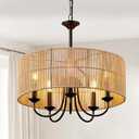 Rattan Chandeliers for Dining Room Light Fixture 18.9" Large Drum Chandelier Pendant 5-Lights Modern farmhouse Rustic Woven Boho Chandelier for Living Room Bedroom Kitchen Hallway Island Over Table