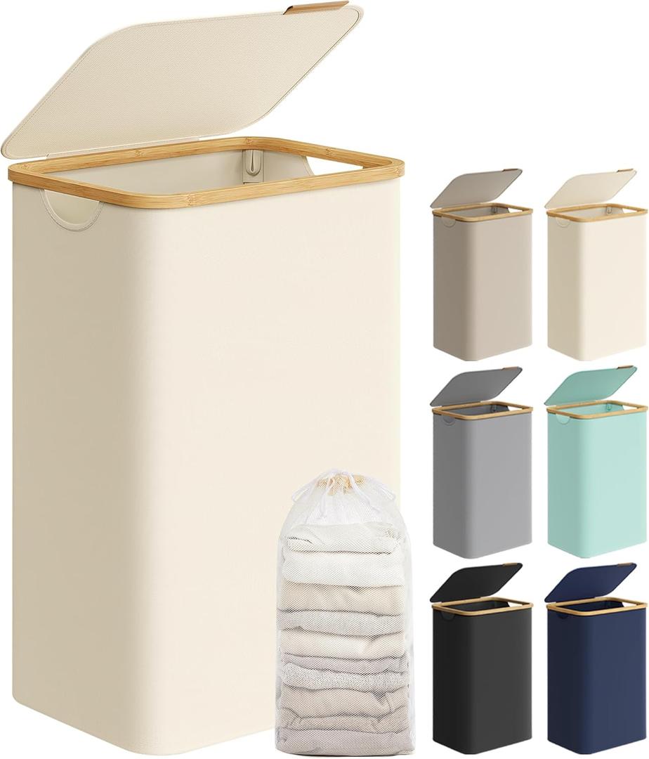 SONGMICS Laundry Hamper with Lid, Large Laundry Basket, 23.8 Gallons (90L), Removable Mesh Liner, Bamboo Handles, Collapsible, 16.5 x 12.6 x 27.8 Inches, Cream White ULCB509W01