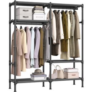 SONGMICS Heavy Duty Clothes Rack, 65 Inch Freestanding Portable Wardrobe with Hanging Rails and Shelves, Total Load 242 lb, Easy Assembly, for Cloakroom, Bedroom, Black URDR201B02