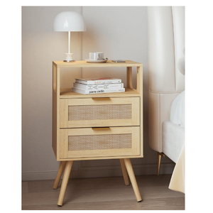 Rattan Nightstand,Farmhouse Bedside Table with 2 Storage Drawer and Open Wood Shelf, for Bedroom and Small Spaces,Night Stand with Solid Wood Legs (Yellow Oak)