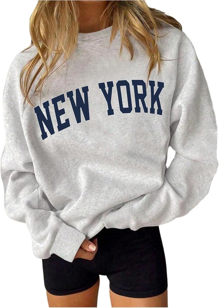 Verdusa Women's Letter Print Crewneck Sweatshirts Streetwear Casual Loose Pullover Tops (Large, Grey New York)