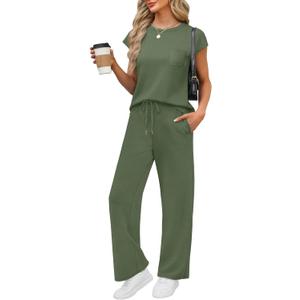 WIHOLL 2 Piece Sets for Women Casual Summer Travel Vacation Outfits Cap Sleeve Lounge Set, Size S
