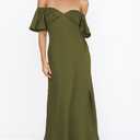 2025 Summer Women's Satin Off Shoulder Formal Dress Wedding Guest Elegant Butterfly Sleeve Split Cocktail Prom Midi Dresses (Large, Army)